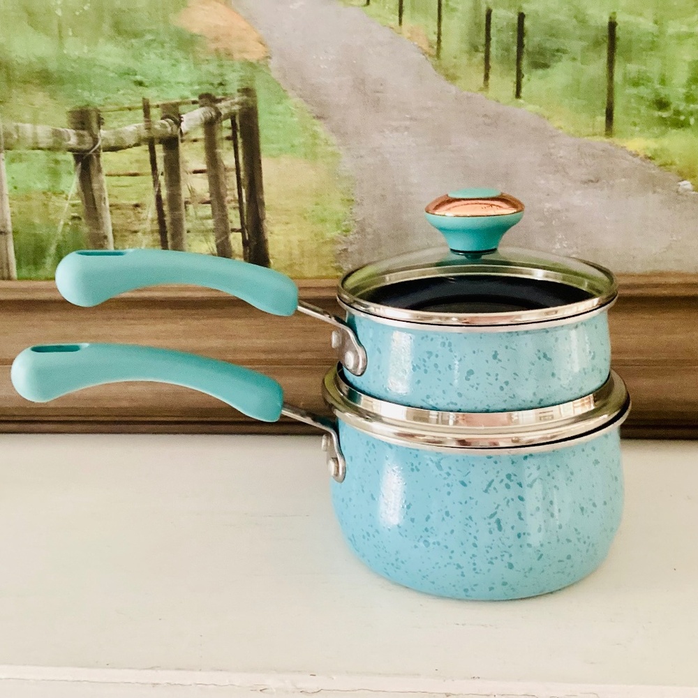 2 Paula Deen Non-Stick 2 & 1 Qt Porcelain Speckled Saucepans Pots Frying Pans